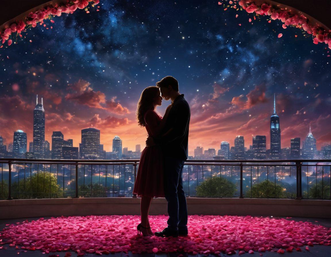 A dreamy, romantic scene depicting a couple under the moonlight, sharing an intimate moment, surrounded by soft glowing lights and scattered rose petals. The background features a starry sky with a silhouette of a city skyline, hinting at the excitement of love stories. Include vibrant colors and a touch of whimsy. super-realistic. vibrant colors. nighttime ambiance.