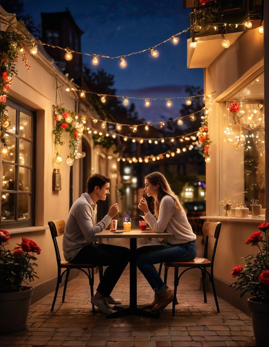 A romantic scene showcasing two people in a flirtatious conversation under soft, warm fairy lights. Their expressions radiate playful chemistry, surrounded by symbols of love like heart shapes and roses. In the background, hints of a cozy café ambiance can be seen, with a subtle glow of twilight enhancing the mood. Evoke feelings of passion and intimacy. super-realistic. vibrant colors. soft focus.