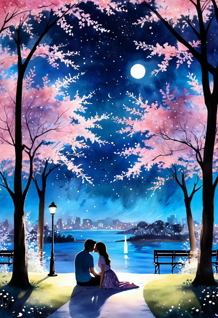 A dreamy illustration of a moonlit park scene, featuring a couple sharing a tender moment under a canopy of twinkling stars, surrounded by blooming cherry blossoms. Soft pastel colors create a romantic ambiance, with delicate fireflies glowing around them, symbolizing love and connection. The background offers a hint of city lights to represent modern romance. watercolor art style. dreamy. vibrant colors.
